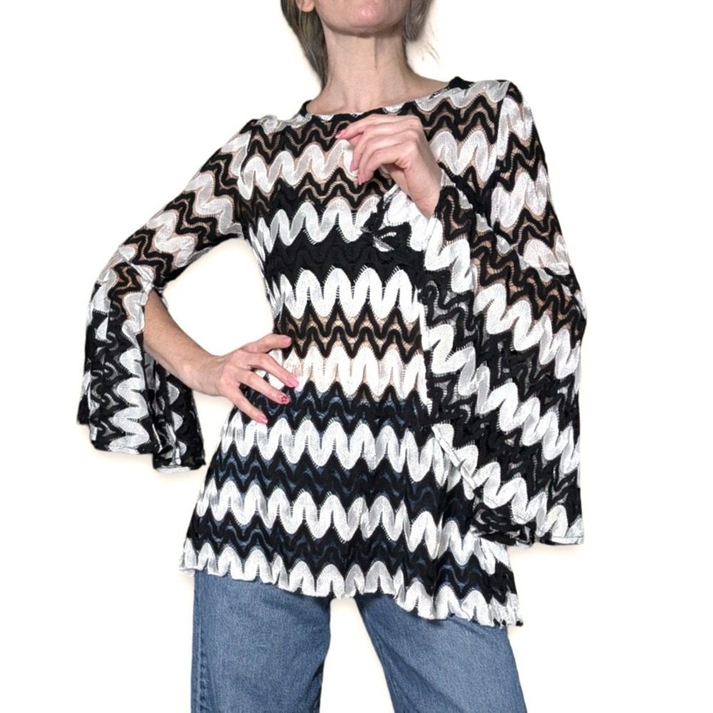 Mechant Black White Sheer Lace Bell Sleeve Tunic Top Boho 70s Y2K Retro Size S